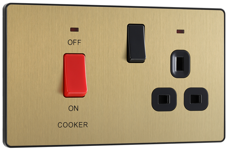 BG Electrical Evolve Satin Brass - 45A double pole with switched socket and indicators