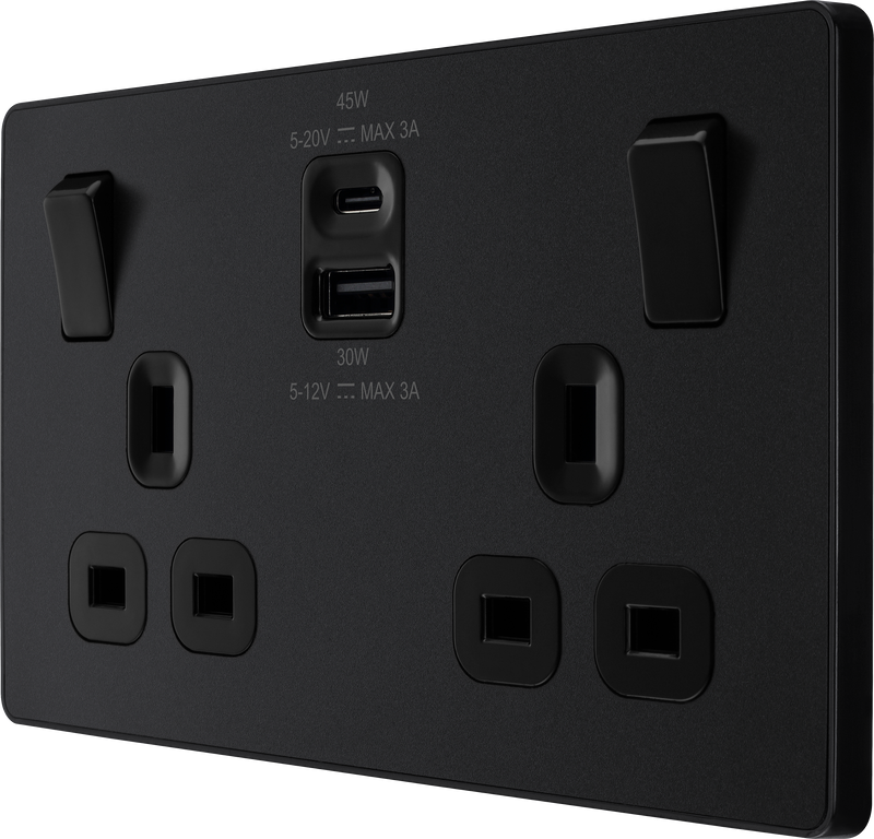 BG Electrical Evolve Matt Black - Double switched single pole, with USB A + C (45W)
