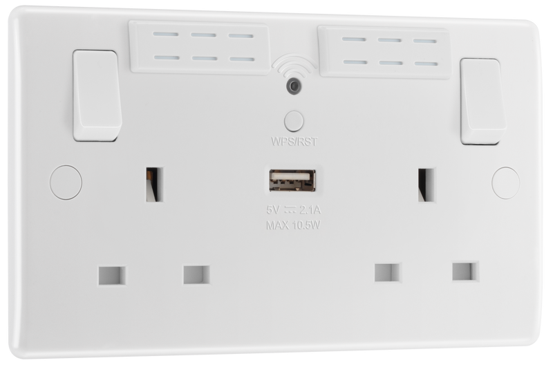 BG Electrical 800 Series - Double, switched, single pole, Wi-Fi Extender, with USB A