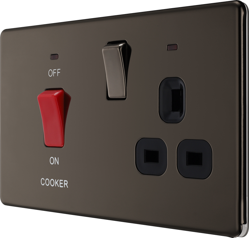 BG Electrical Flatplate Screwless Black Nickel - 45A double pole with switched socket and indicators