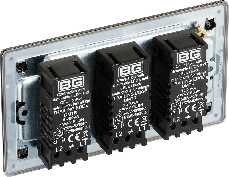 BG Electrical Flatplate Screwless Black Nickel - Triple 2 way push 200W