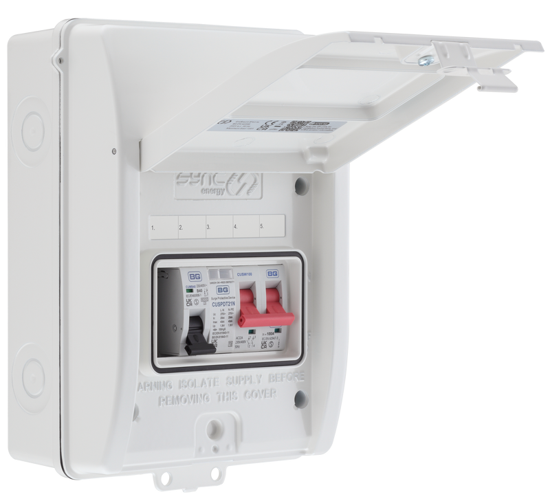 Sync Energy EV Circuit Protection - 5 Module EV Consumer Unit with 100A Main Switch, SPD, MCB, IP65 - White