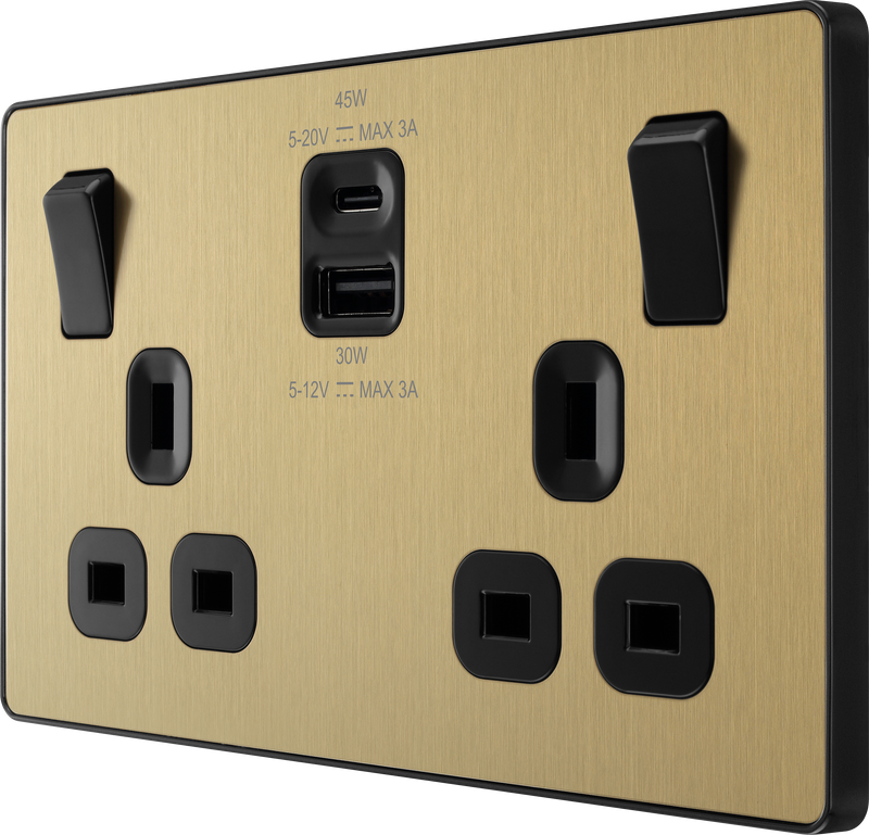 BG Electrical Evolve Satin Brass - Double switched single pole, with USB A + C (45W)