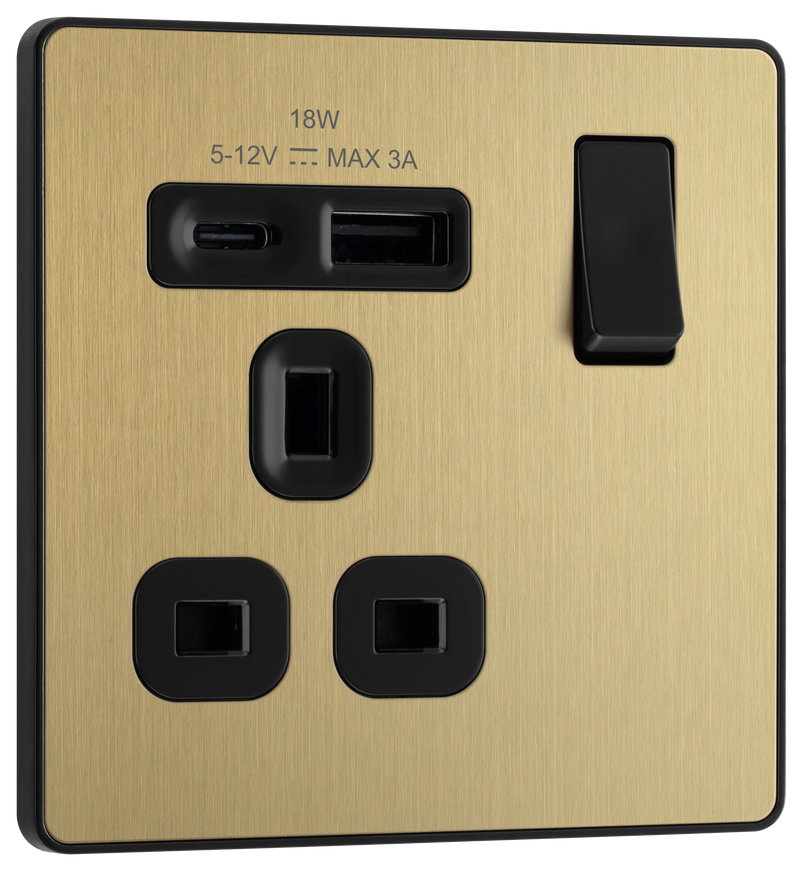BG Electrical Evolve Satin Brass - Single, switched, single pole, with 1 x USB A + 1 x USB C