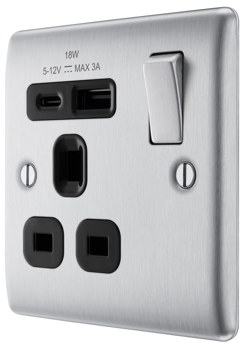 BG Electrical Nexus Metal Brushed Steel - Single, switched, single pole, with 1 x USB A + 1 x USB C