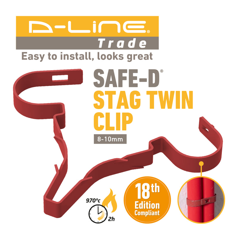 D-Line Fire Clip - Safe-D Stag-Clip for 2x 8-10mm φ cables. Twin, Red - Pack of 100