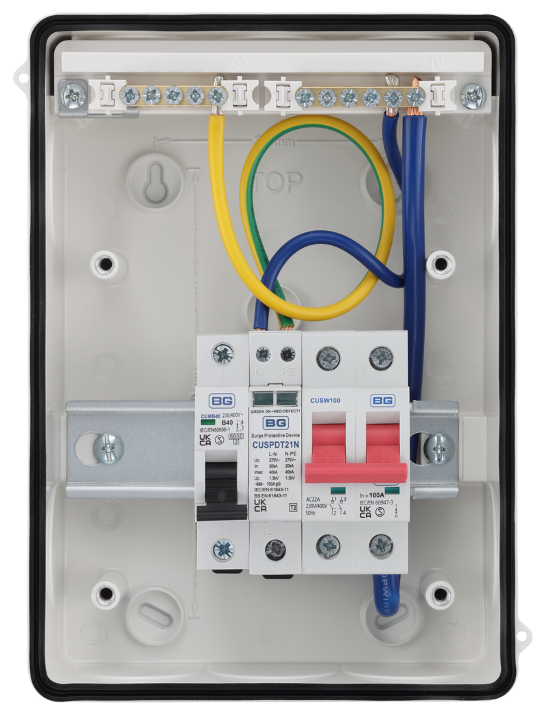 Sync Energy EV Circuit Protection - 5 Module EV Consumer Unit with 100A Main Switch, SPD, MCB, IP65 - White
