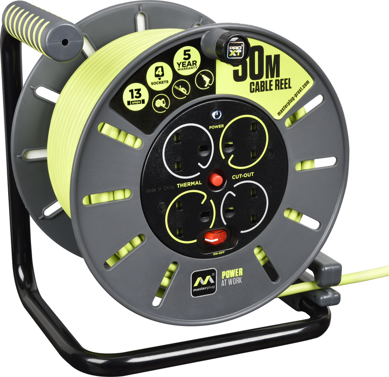 Masterplug Pro XT - 50m, 4 Sockets, 13A, Grey + Green