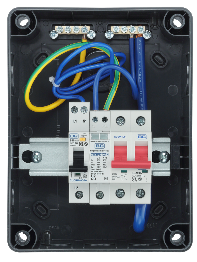Sync Energy Consumer Unit - 5 Module, IP66, Plastic, Grey, 100A Main Switch,40A 30mA Double Pole RCBO, Type A, Type 2 SPD + 1 spare way