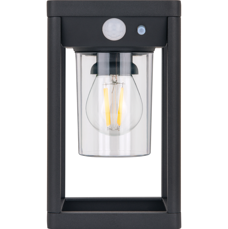Luceco Azurar Coach Lantern - Filament Decorative Solar Wall Light with PIR Motion Sensor, Outdoor Lantern, Exterior Lighting, LED Bulb Included, Black, IP54, 2.7W, 220lm, 3000K