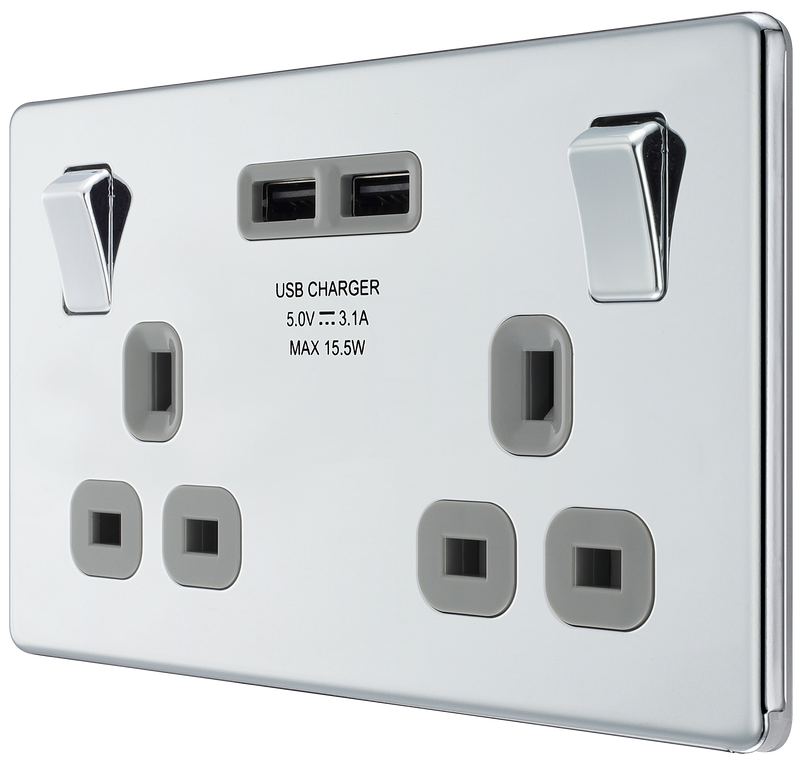 BG Electrical Flatplate Screwless Polished Chrome - Double switched, single pole, with 2 x USB A