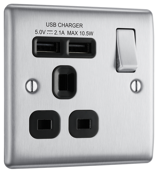 BG Electrical Nexus Metal Brushed Steel - Single switched, single pole, with 2 x USB A