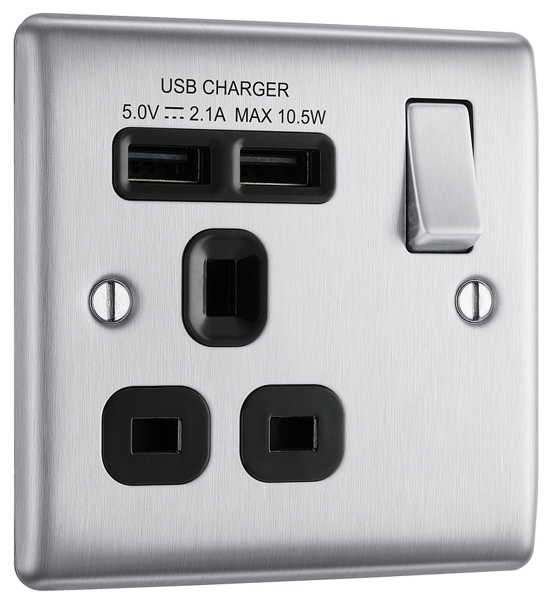 BG Electrical Nexus Metal Brushed Steel - Single switched, single pole, with 2 x USB A
