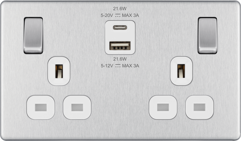 BG Electrical Flatplate Screwless Brushed Steel - Double switched single pole, with USB A + C (22W)