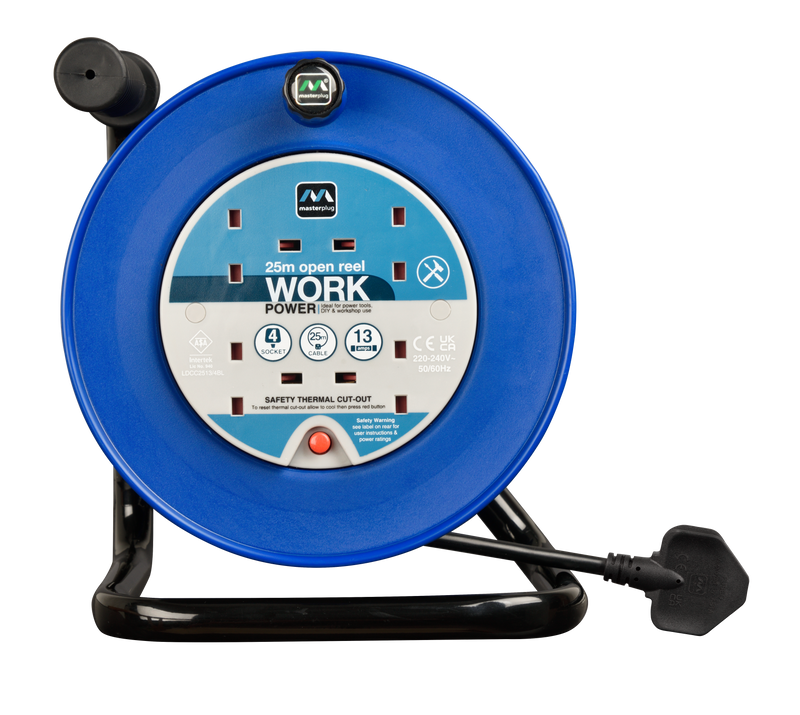 Masterplug Work - 25m, 4 Sockets, 13A, Blue