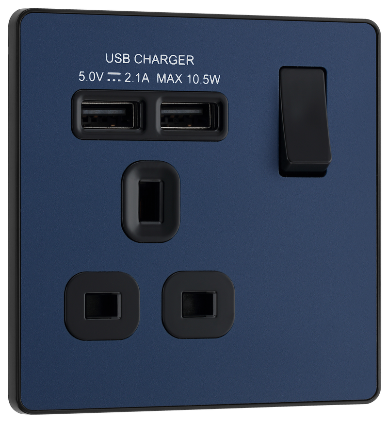 BG Electrical Evolve Matt Blue - Single, switched, single pole, with 2 x USB A