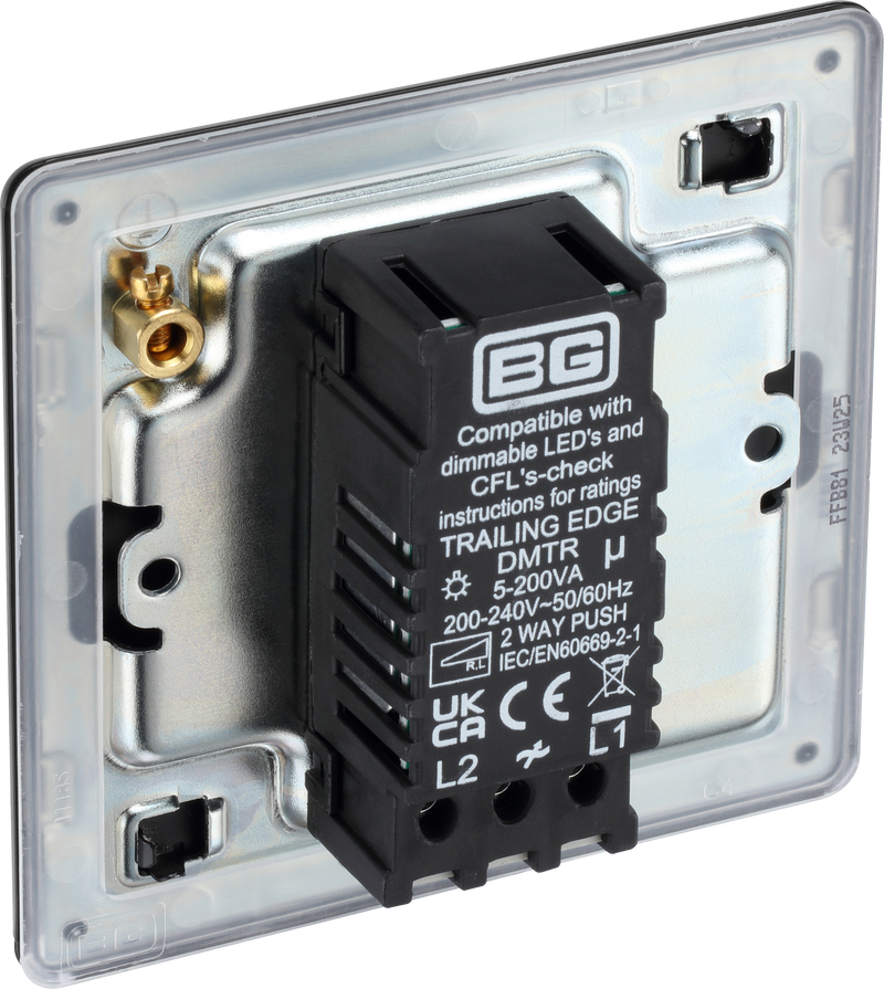 BG Electrical Flatplate Screwless Matt Black - Single, 2 way push 200W