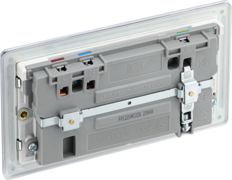 BG Electrical Flatplate Screwless Polished Chrome - Double switched single pole, with USB A + C (22W)