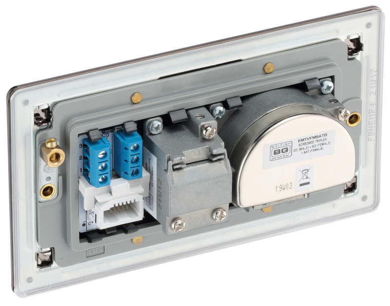 BG Electrical Flatplate Screwless Black Nickel - Triplex with BT outlet and co-axial return - screened