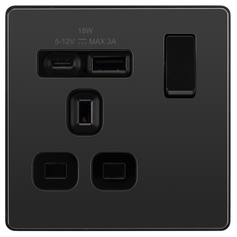 BG Electrical Evolve Black Chrome - Single, switched, single pole, with 1 x USB A + 1 x USB C
