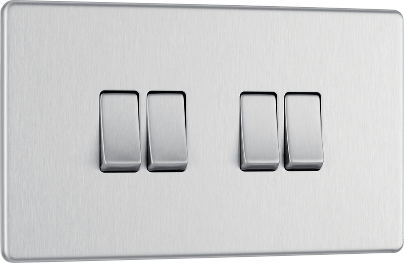 BG Electrical Flatplate Screwless Brushed Steel - Quadruple, 2 way switch
