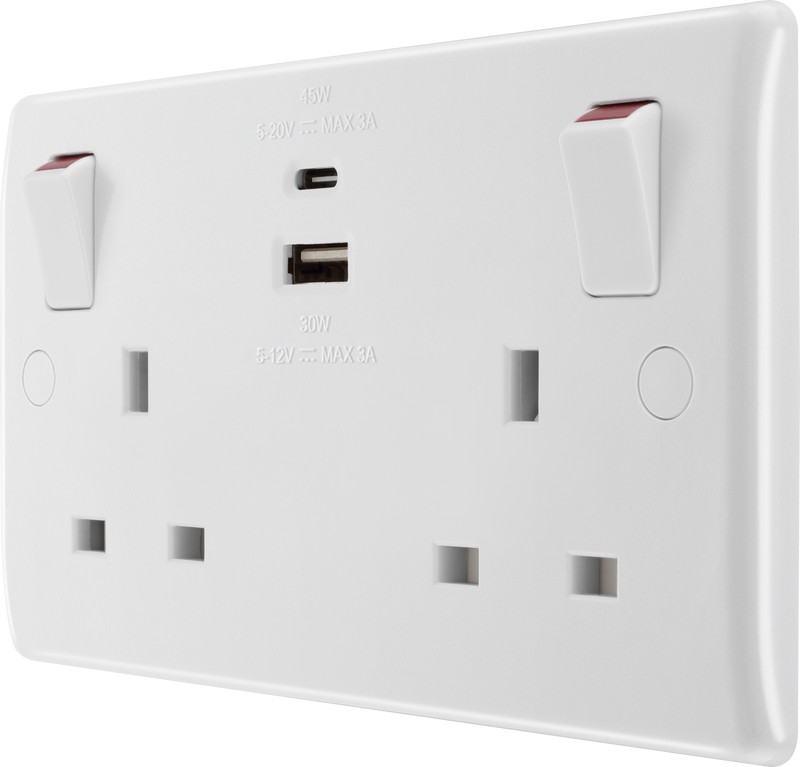 BG Electrical 800 Series - Double switched single pole, with USB A + C (45W)