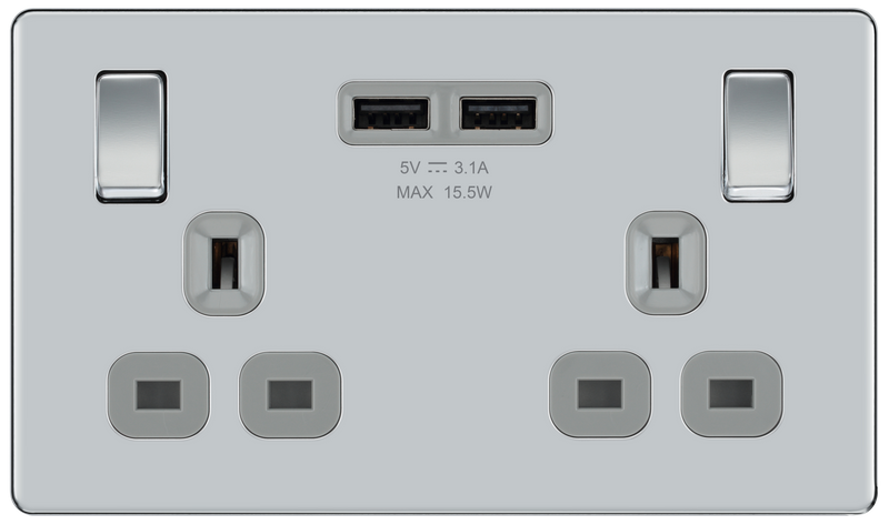 BG Electrical Flatplate Screwless Polished Chrome - Double switched, single pole, with 2 x USB A