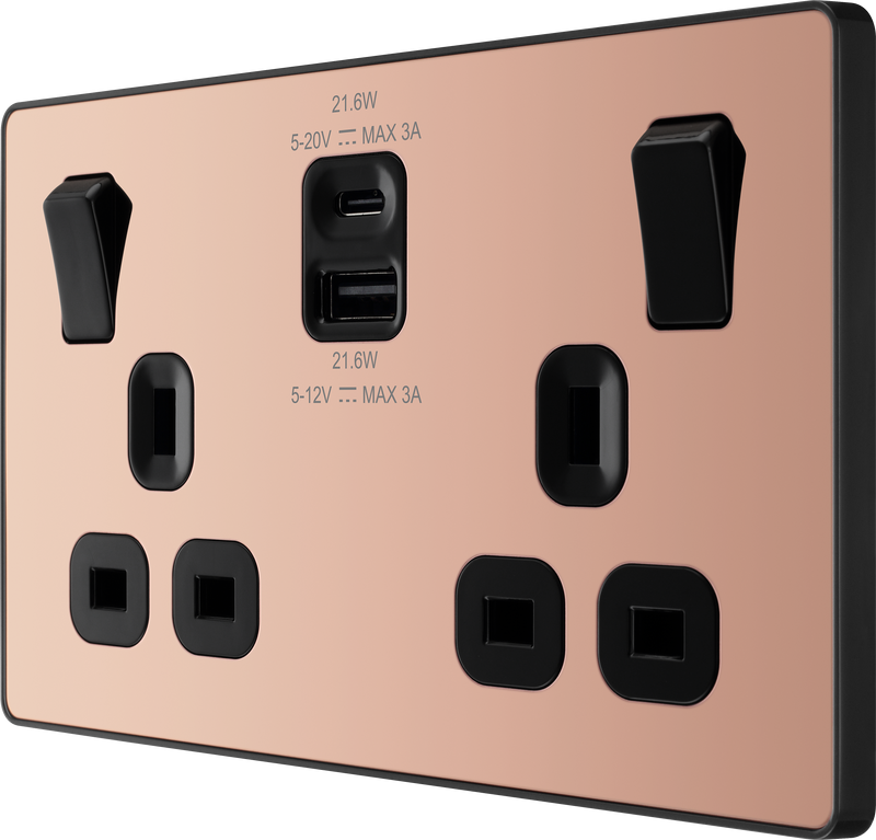 BG Electrical Evolve Polished Copper - Double switched single pole, with USB A + C (22W)