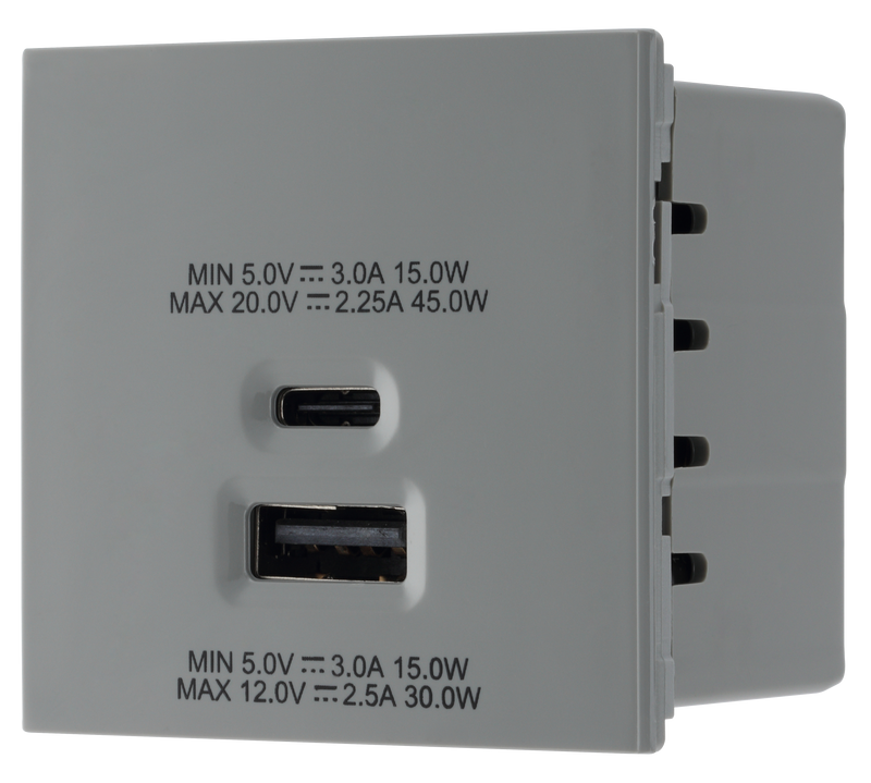 BG Electrical Euro Module - 45W USB A+C Euro Module - Grey