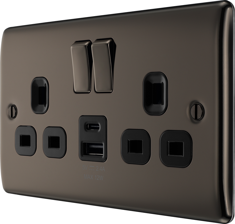 BG Electrical Nexus Metal Black Nickel - Double switched single pole, with USB A + C (12W)