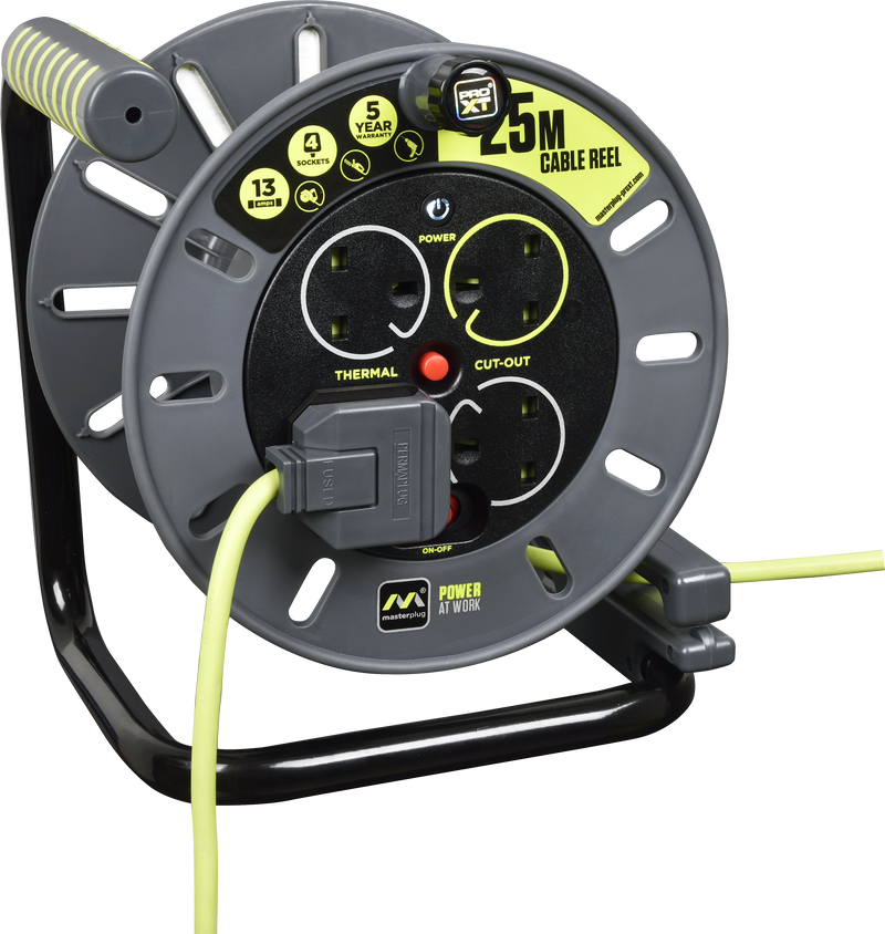 Masterplug Pro XT - 25m, 4 Sockets, 13A, Grey + Green