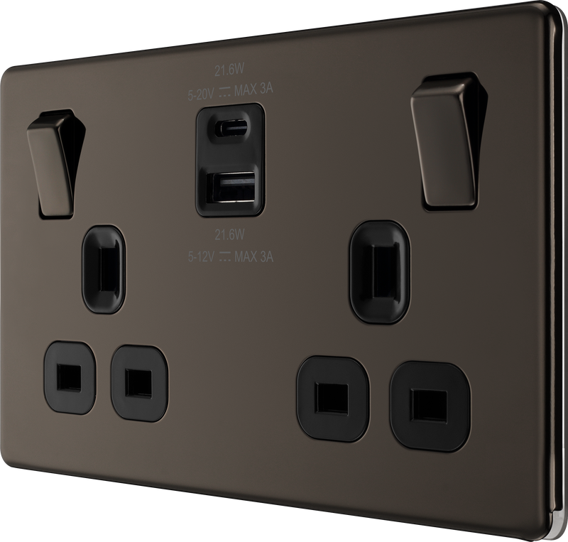 BG Electrical Flatplate Screwless Black Nickel - Double switched single pole, with USB A + C (22W)