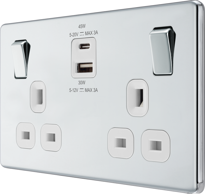 BG Electrical Flatplate Screwless Polished Chrome - Double switched single pole, with USB A + C (45W)