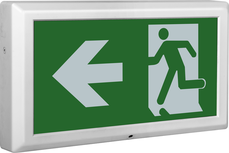 Luceco Exit Box - Tempus emergency exit box self-test with left legend