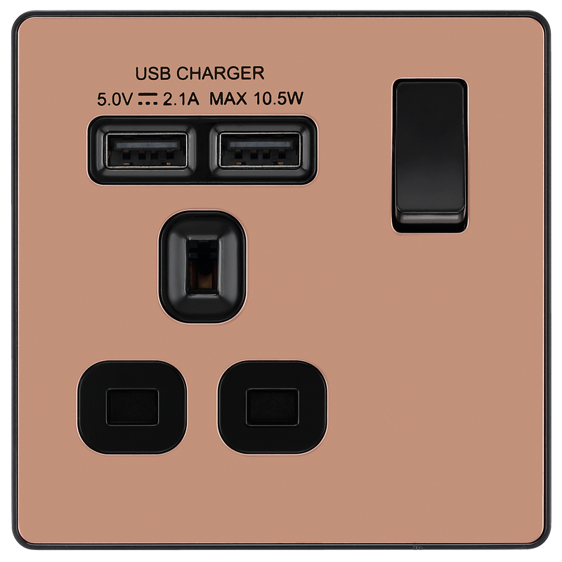 BG Electrical Evolve Polished Copper - Single, switched, single pole, with 2 x USB A
