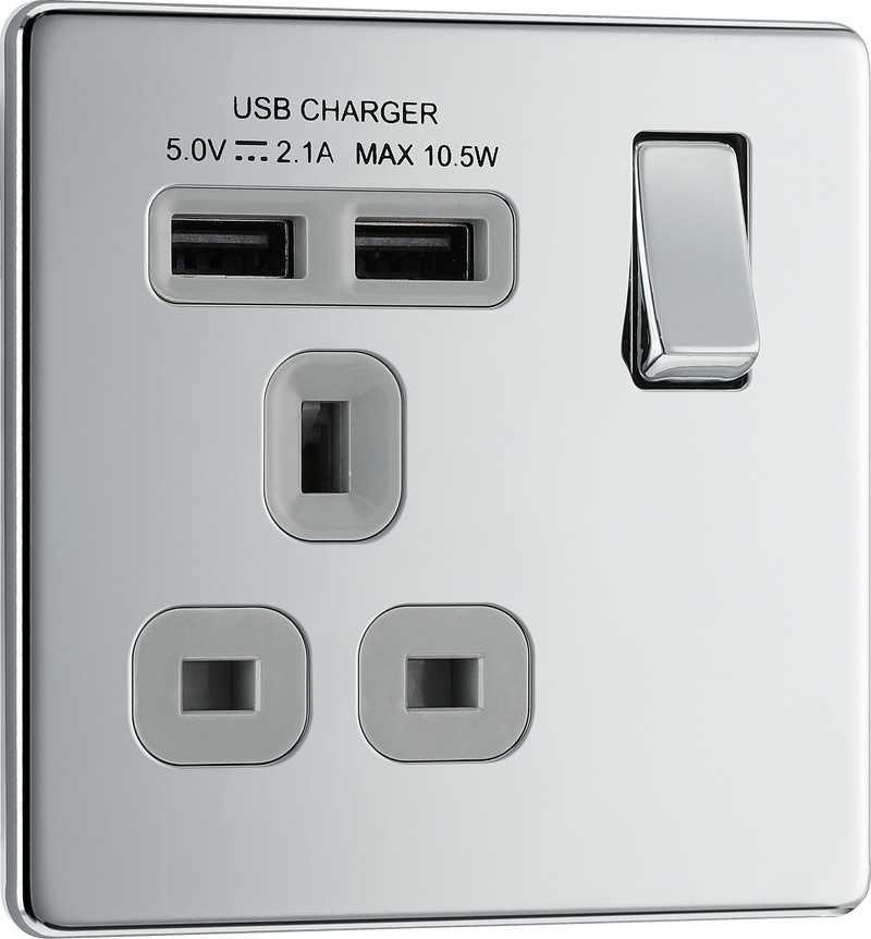 BG Electrical Flatplate Screwless Polished Chrome - Single switched, single pole, with 2 x USB A
