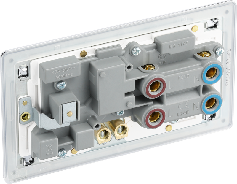 BG Electrical Flatplate Screwless Polished Chrome - 45A double pole, with switched socket and indicators