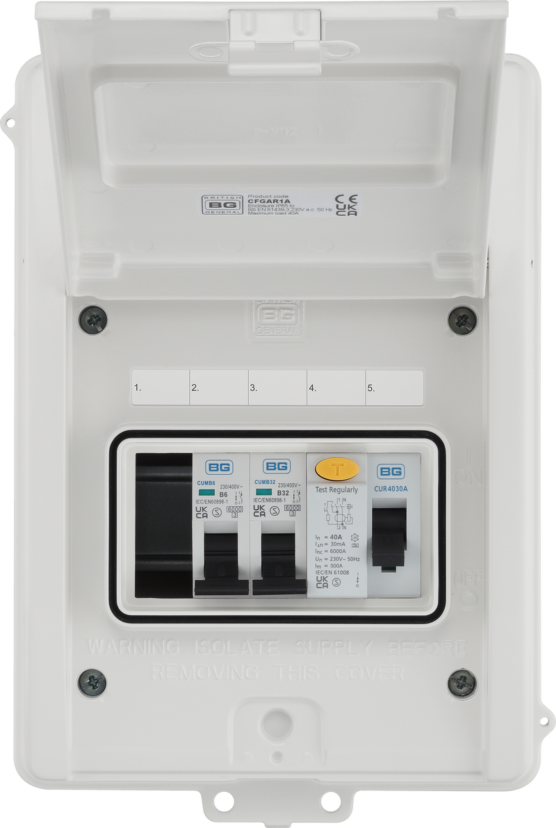 BG Circuit Protection IP65 Weatherproof - 5 module, 3 way, 40A Type A RCD, 2 MCB's