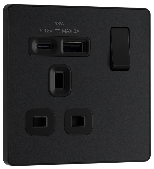BG Electrical Evolve Matt Black - Single, switched, single pole, with 1 x USB A + 1 x USB C