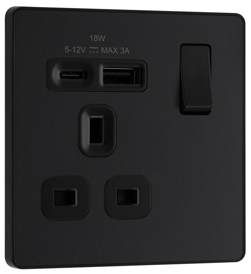 BG Electrical Evolve Matt Black - Single, switched, single pole, with 1 x USB A + 1 x USB C