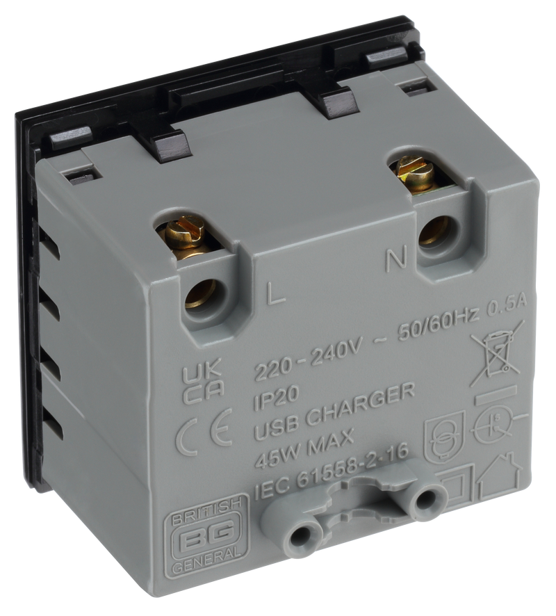 BG Electrical Euro Module - 45W USB A+C Euro Module - Black