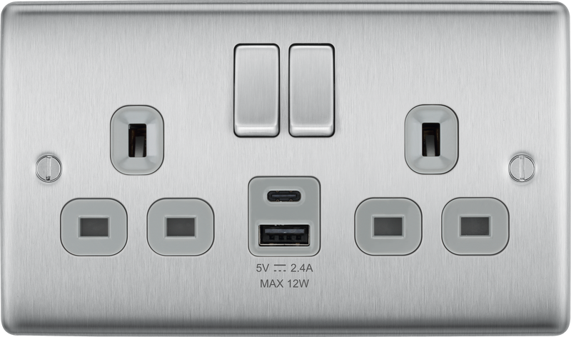 BG Electrical Nexus Metal Brushed Steel - Double switched single pole, with USB A + C (12W)