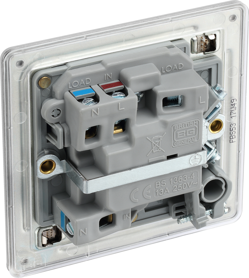 BG Electrical Flatplate Screwless Brushed Steel - Switched and fused with indicator and flex outlet
