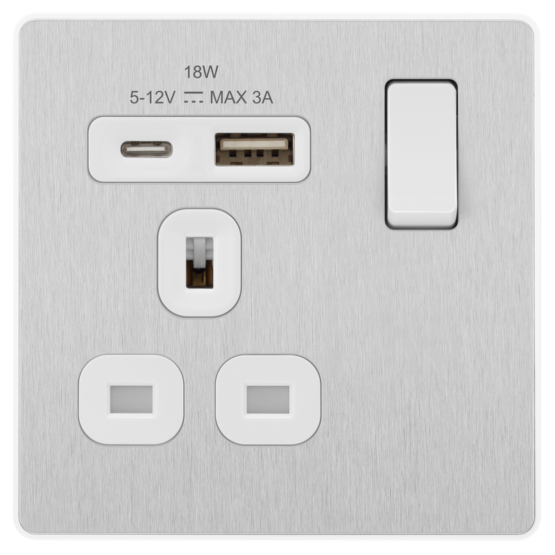 BG Electrical Evolve Brushed Steel - Single, switched, single pole, with 1 x USB A + 1 x USB C