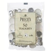 Prices Patent Candles White Tealights Bag, Pack of 50, Wax, l x 3.8 cm w x 1.8 cm h, Unscented