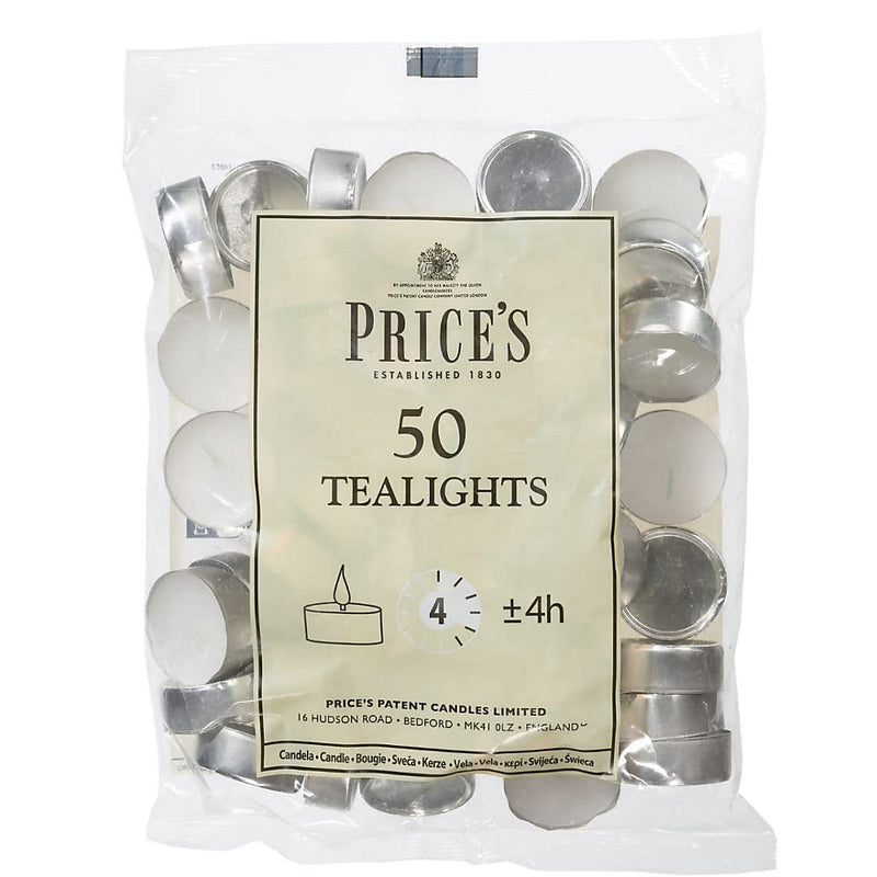 Prices Patent Candles White Tealights Bag, Pack of 50, Wax, l x 3.8 cm w x 1.8 cm h, Unscented