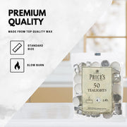 Prices Patent Candles White Tealights Bag, Pack of 50, Wax, l x 3.8 cm w x 1.8 cm h, Unscented