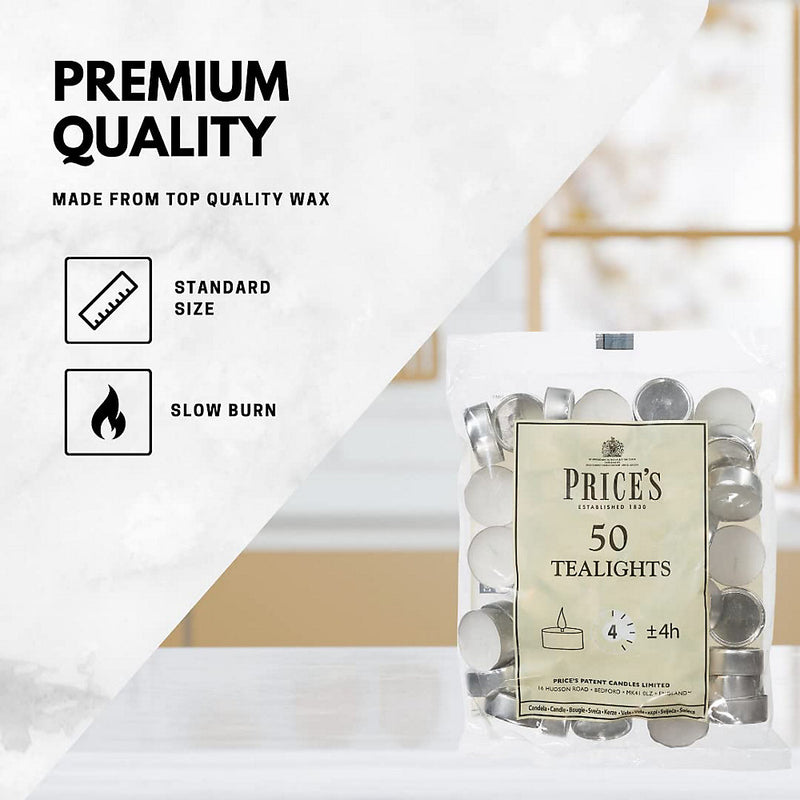 Prices Patent Candles White Tealights Bag, Pack of 50, Wax, l x 3.8 cm w x 1.8 cm h, Unscented
