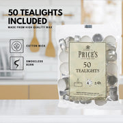 Prices Patent Candles White Tealights Bag, Pack of 50, Wax, l x 3.8 cm w x 1.8 cm h, Unscented