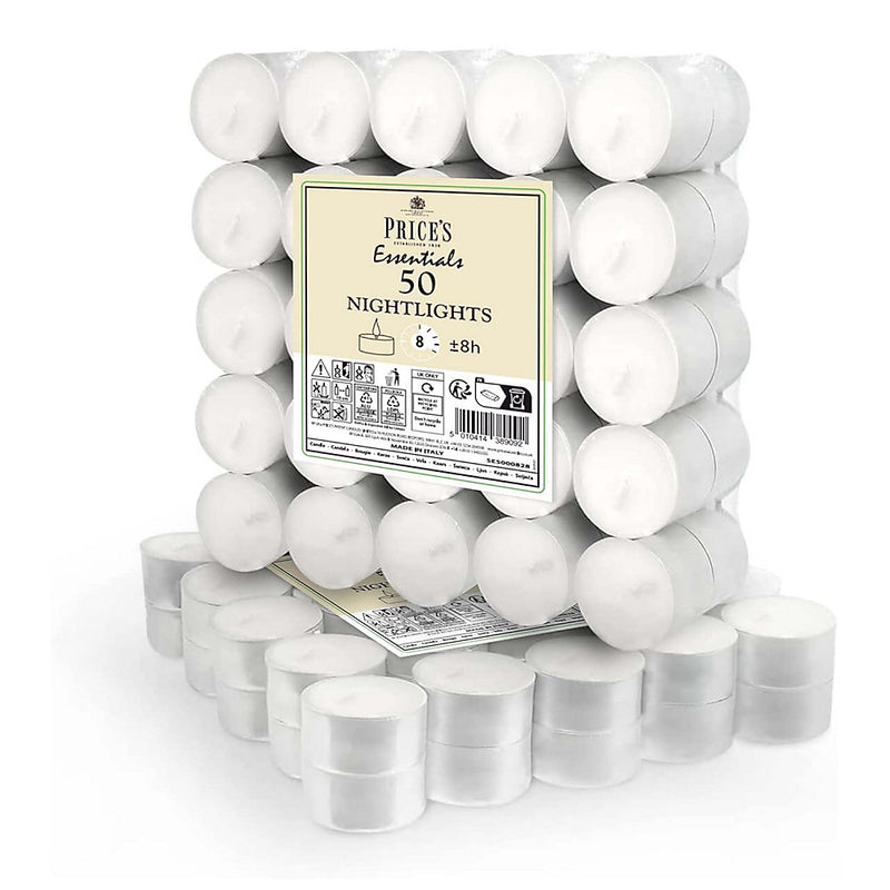 Prices Patent Candles White Tealights Bag, Pack of 50, Wax, l x 3.8 cm w x 1.8 cm h, Unscented